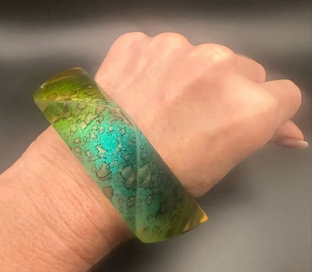 Artisan Resin Bangle Bracelet Green Teal Gold abstract wide statement cuff